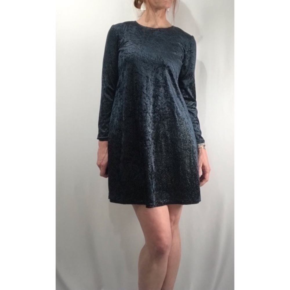 90’s Vintage Blue and Silver Polkadot Crushed Velvet Babydoll Swing Mini Dress